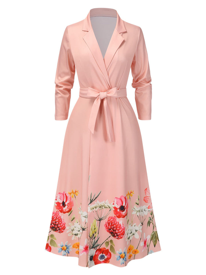 She slips into this Pink 1940s Floral Tie-Up Blazer Dress and suddenly it&