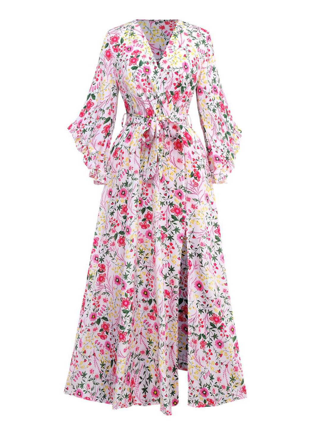 Pink 1940s Flouce Sleeve V-Neck Floral Dress - vintage dress, retro fashion