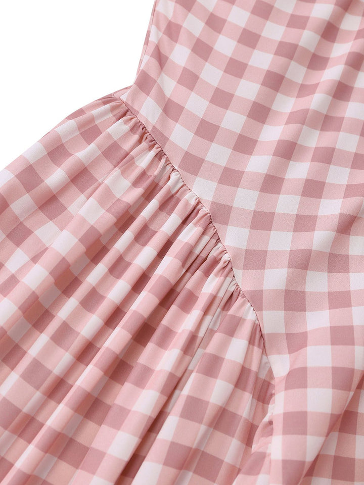Pink 1940s Gingham V-Neck Sleeveless Flared Maxi Dress: beautiful vintage dress, retro fashion, elegant style with timeless appeal