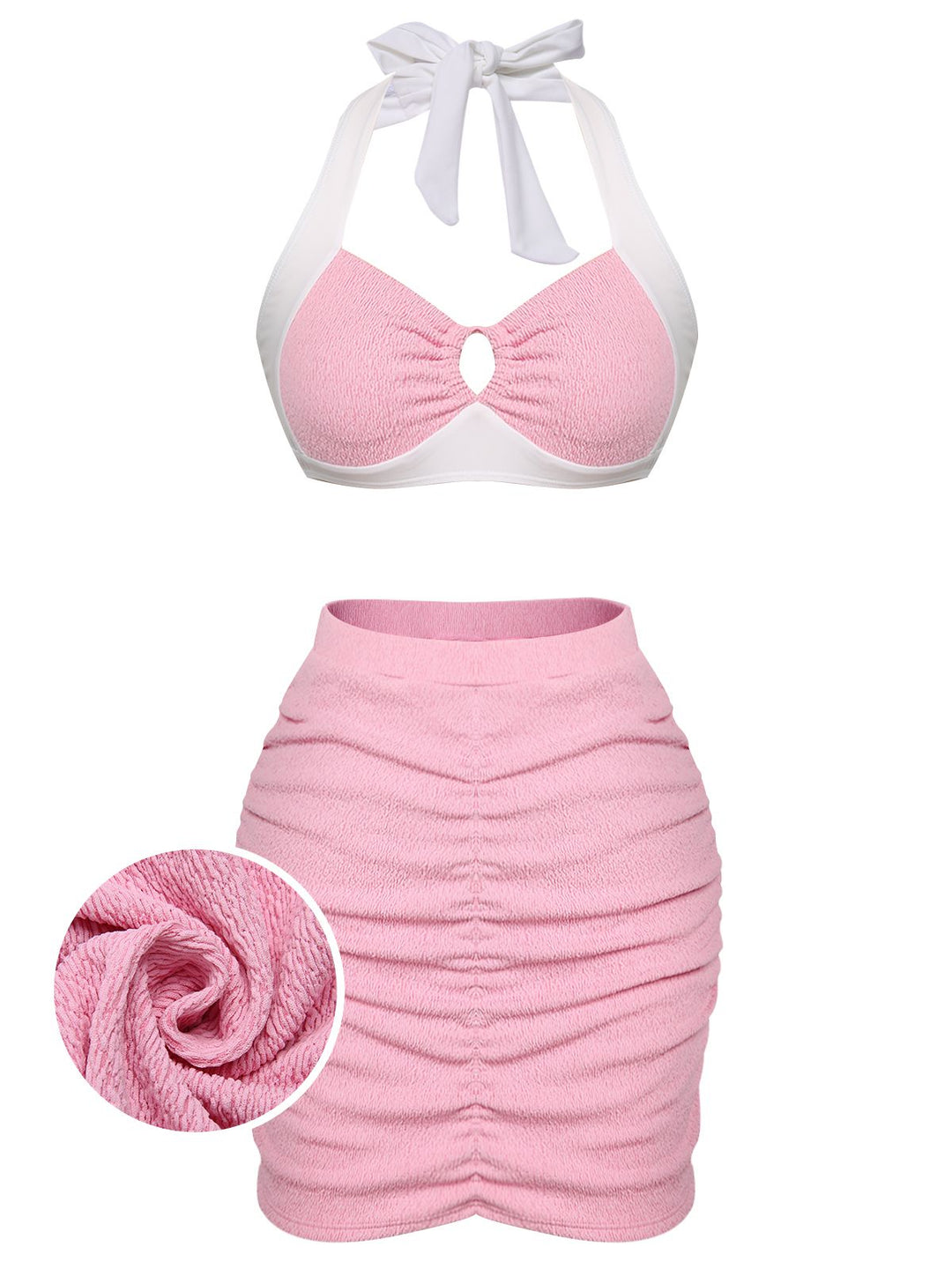 Pink 1940s Patchwork Lace-Up Halter Swimsuit: timeless style reimagined