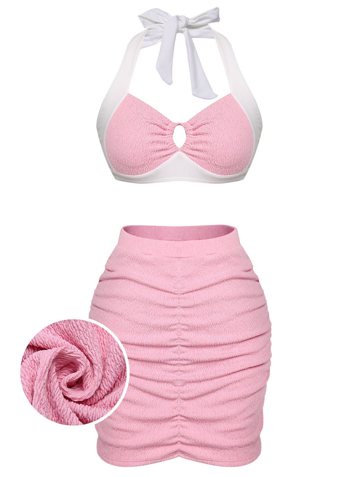 Pink 1940s Patchwork Lace-Up Halter Swimsuit: timeless style reimagined
