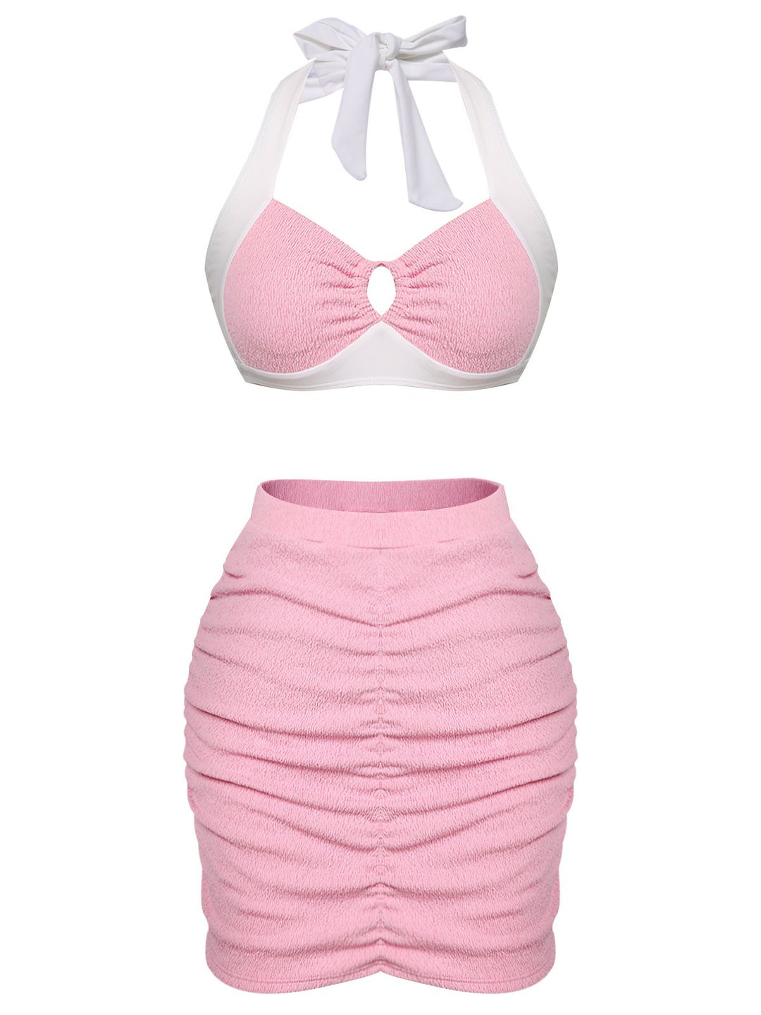 Pink 1940s Patchwork Lace-Up Halter Swimsuit — vintage elegance for the modern woman
