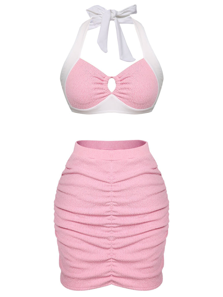Pink 1940s Patchwork Lace-Up Halter Swimsuit — vintage elegance for the modern woman