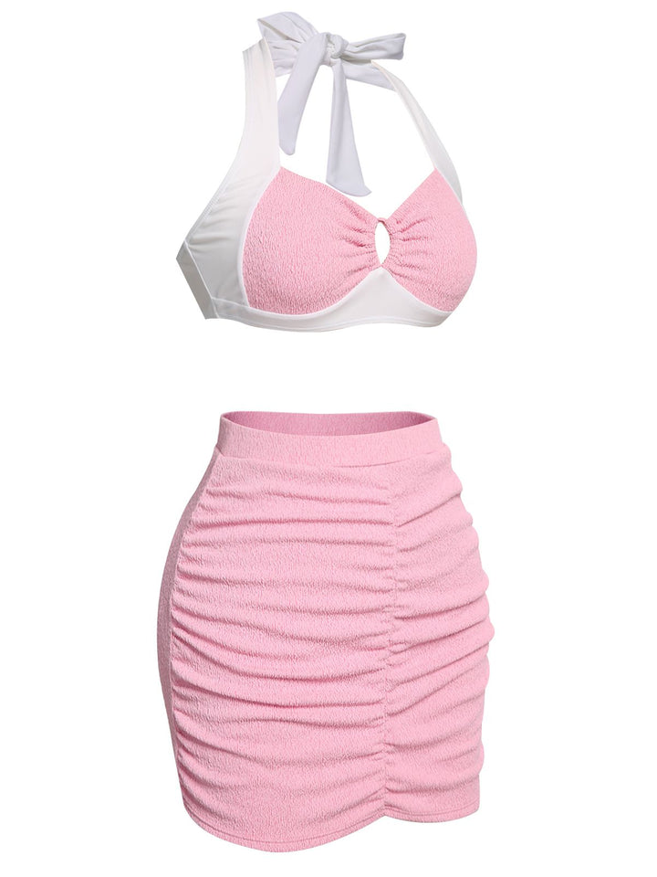 Pink 1940s Patchwork Lace-Up Halter Swimsuit: timeless style reimagined