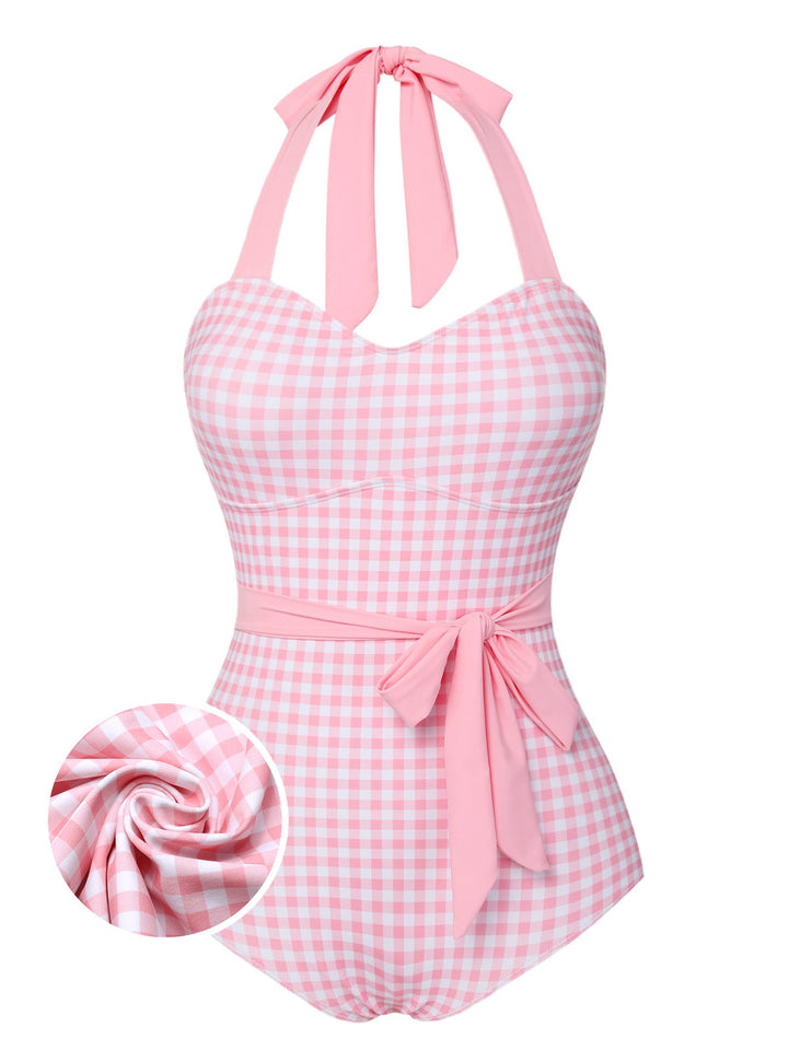 Pink Plaid Halter One-Piece Swimsuit, vintage swimsuit, swimwear - perfect for women who love vintage and retro fashion