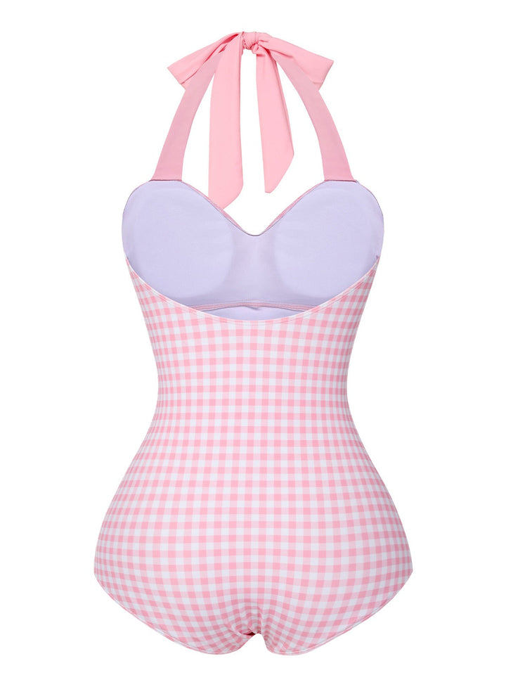 Pink Plaid Halter One-Piece Swimsuit, vintage swimsuit, swimwear - perfect for women who love vintage and retro fashion