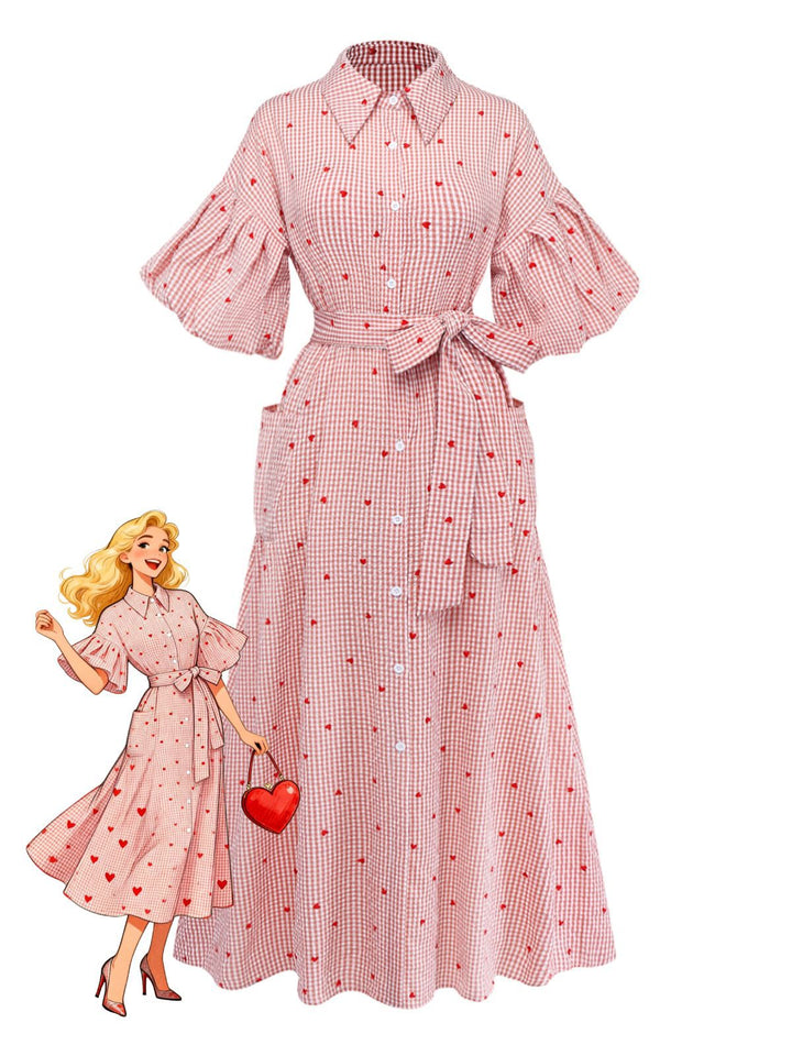 Pink 1940s Plaid Heart Lantern Sleeve Belted Dress - vintage dress, retro fashion