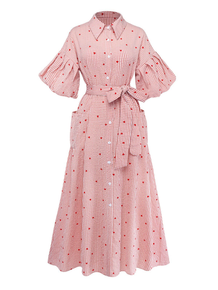 Pink 1940s Plaid Heart Lantern Sleeve Belted Dress - vintage dress, retro fashion