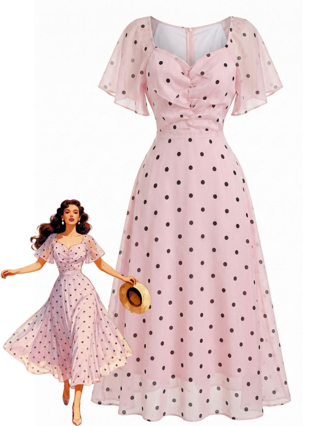 Orange Pink 1940s Polka Dot V Neck Ruffle Dress