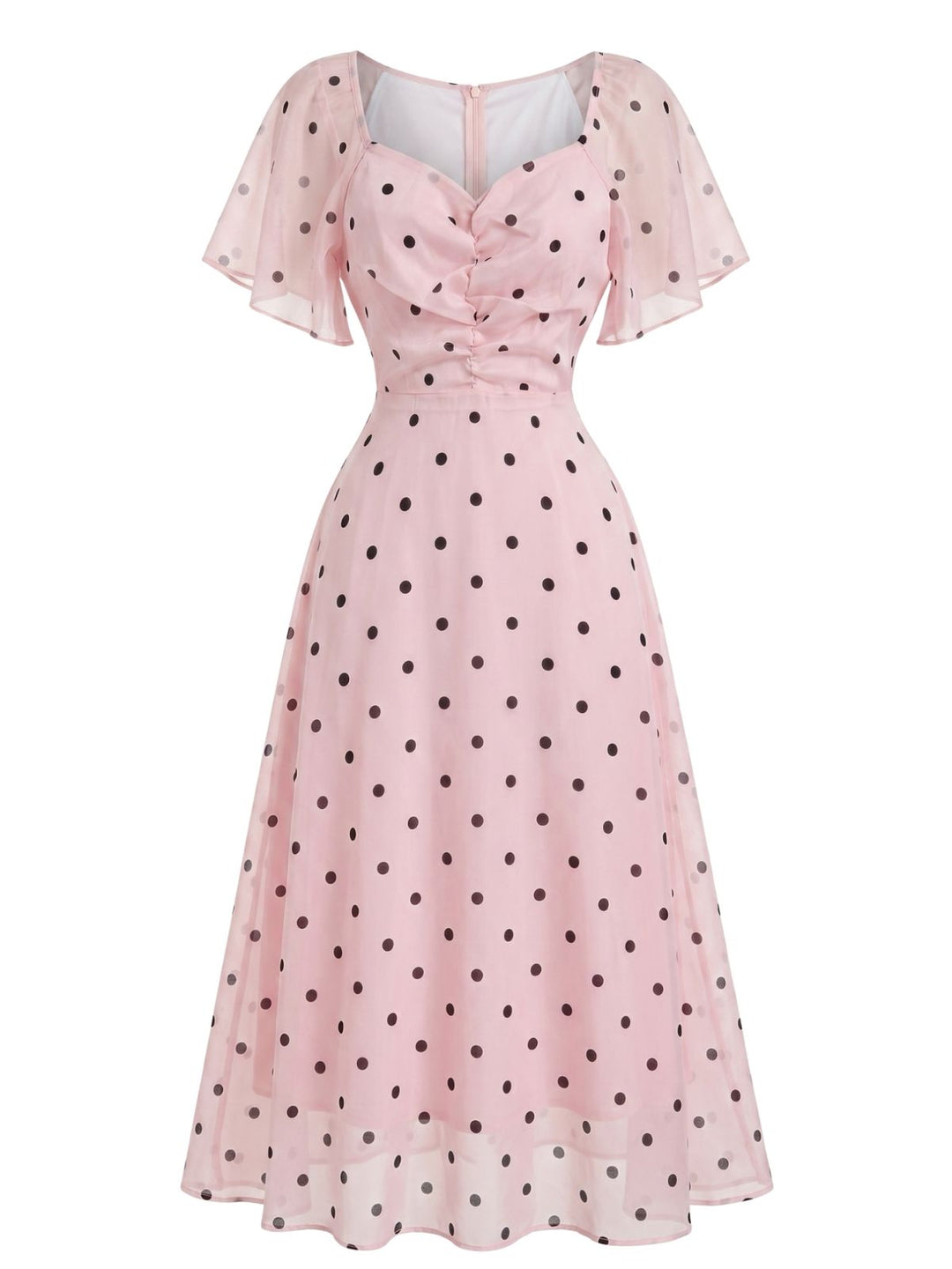 Orange Pink 1940s Polka Dot V Neck Ruffle Dress 2