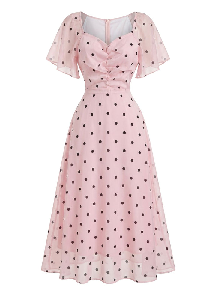 Orange Pink 1940s Polka Dot V Neck Ruffle Dress 2