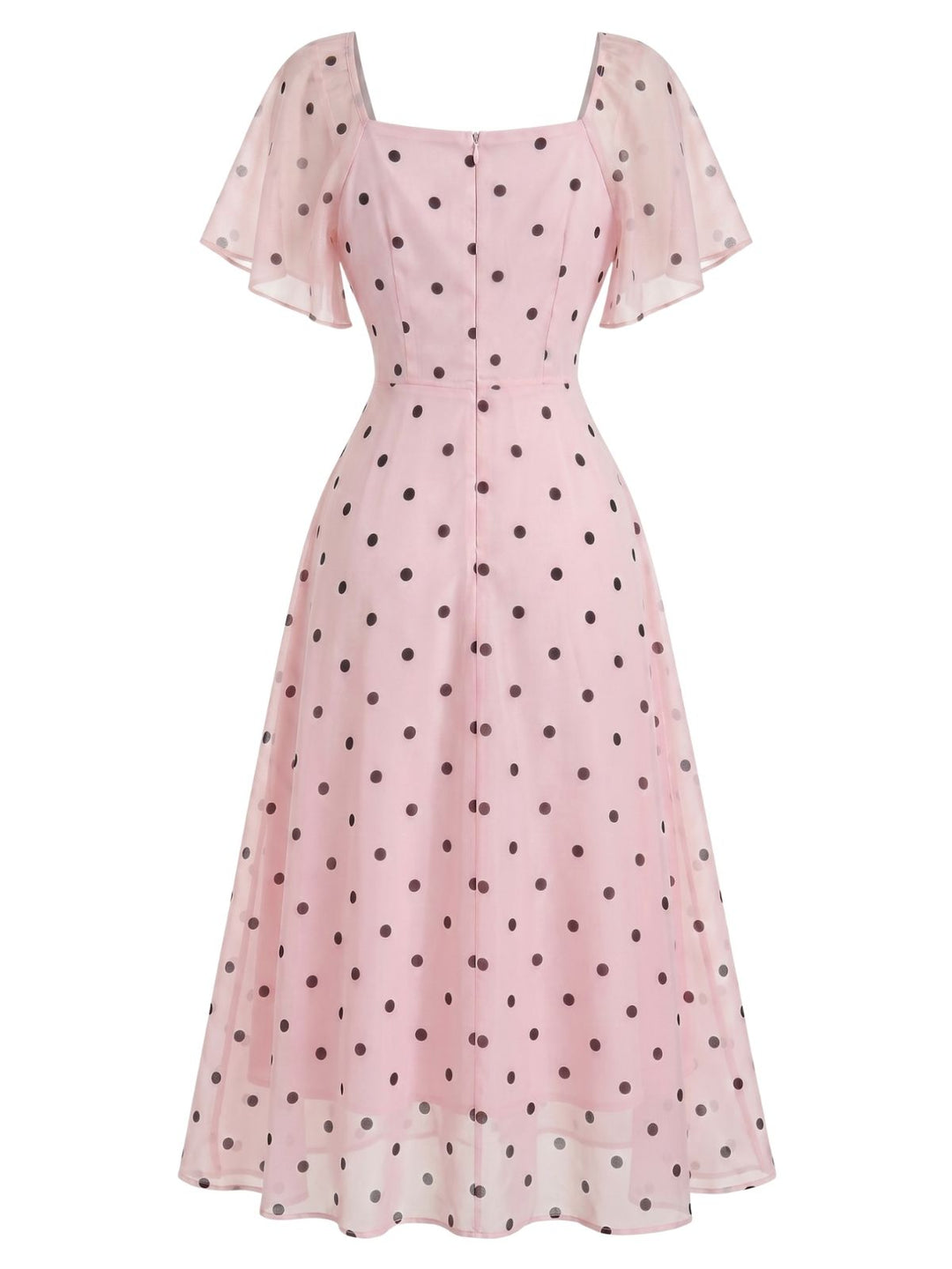 Orange Pink 1940s Polka Dot V Neck Ruffle Dress 3