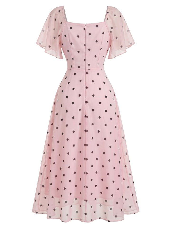 Orange Pink 1940s Polka Dot V Neck Ruffle Dress 3