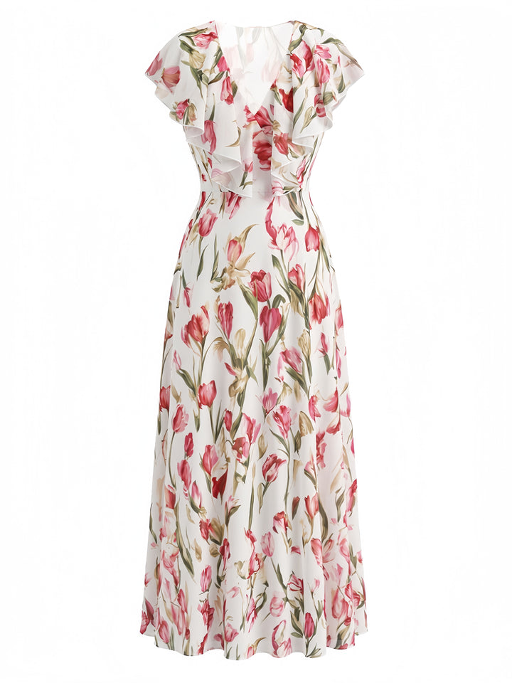 Pink 1940s Short Sleeve V-Neck Midi Dress, vintage dress, retro fashion - perfect for women who love vintage and retro fashion