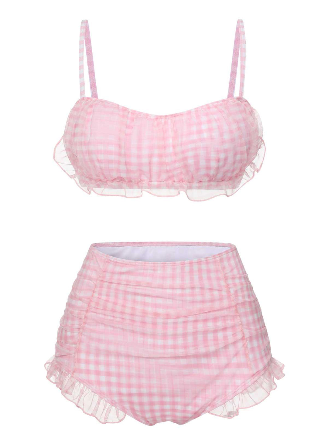 Pink Spaghetti Strap Mesh Plaids Swimsuit: Riviera elegance, reimagined for her