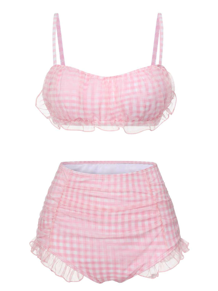 Pink Spaghetti Strap Mesh Plaids Swimsuit: Riviera elegance, reimagined for her