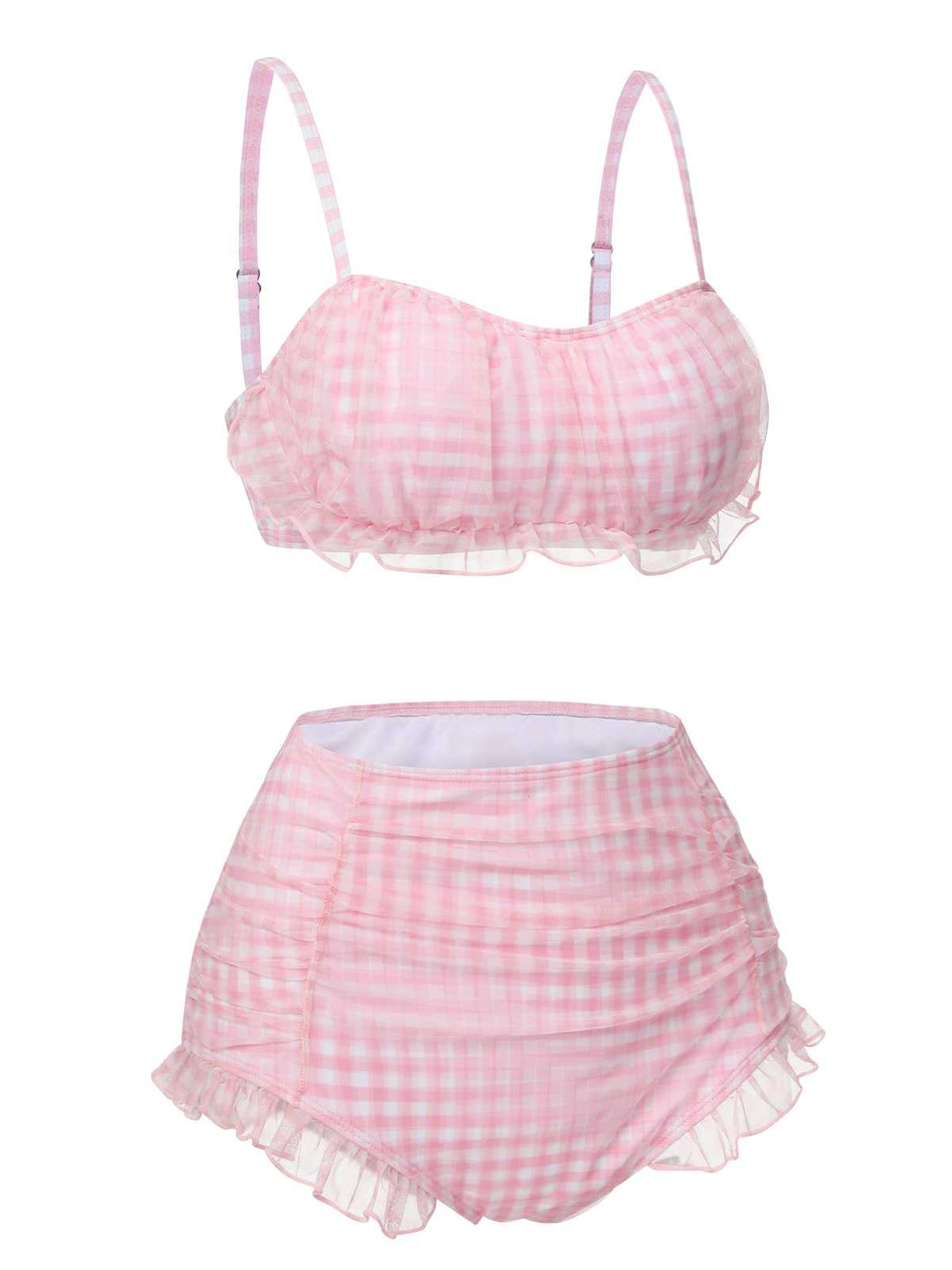 This Pink Spaghetti Strap Mesh Plaids Swimsuit carries vacation dreams in every stitch