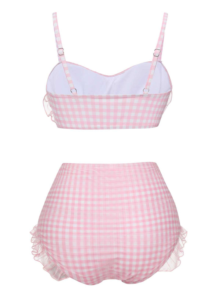 Pink Spaghetti Strap Mesh Plaids Swimsuit — because glamour never goes out of style