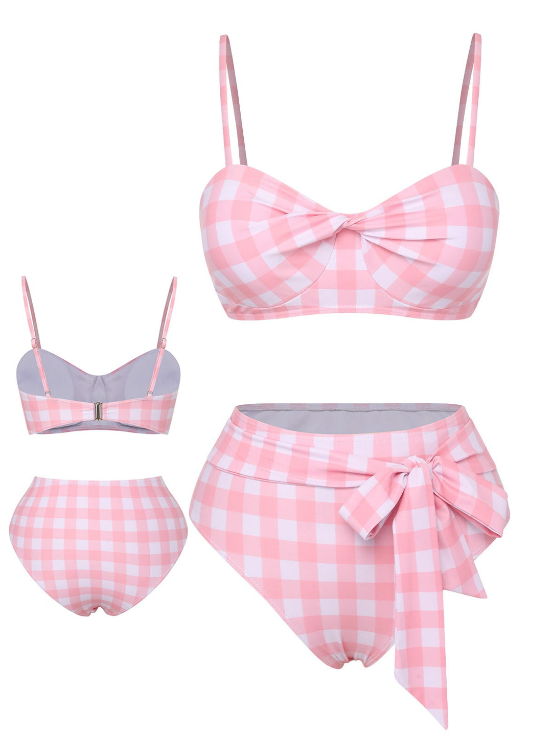 Pink Spaghetti Strap Plaid Bow Swimsuit, vintage swimsuit, swimwear - perfect for women who love vintage and retro fashion
