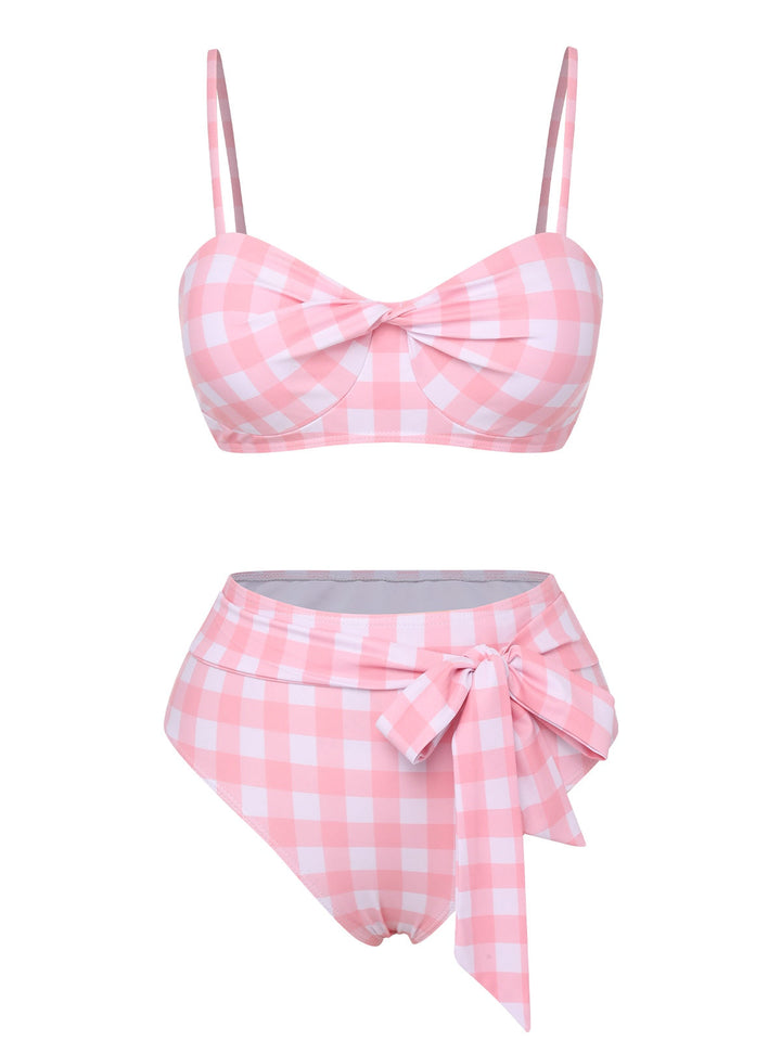 Pink Spaghetti Strap Plaid Bow Swimsuit, vintage swimsuit, swimwear - perfect for women who love vintage and retro fashion