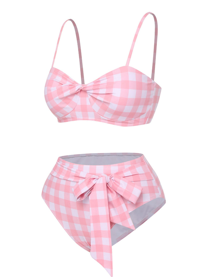 Pink Spaghetti Strap Plaid Bow Swimsuit, vintage swimsuit, swimwear - perfect for women who love vintage and retro fashion