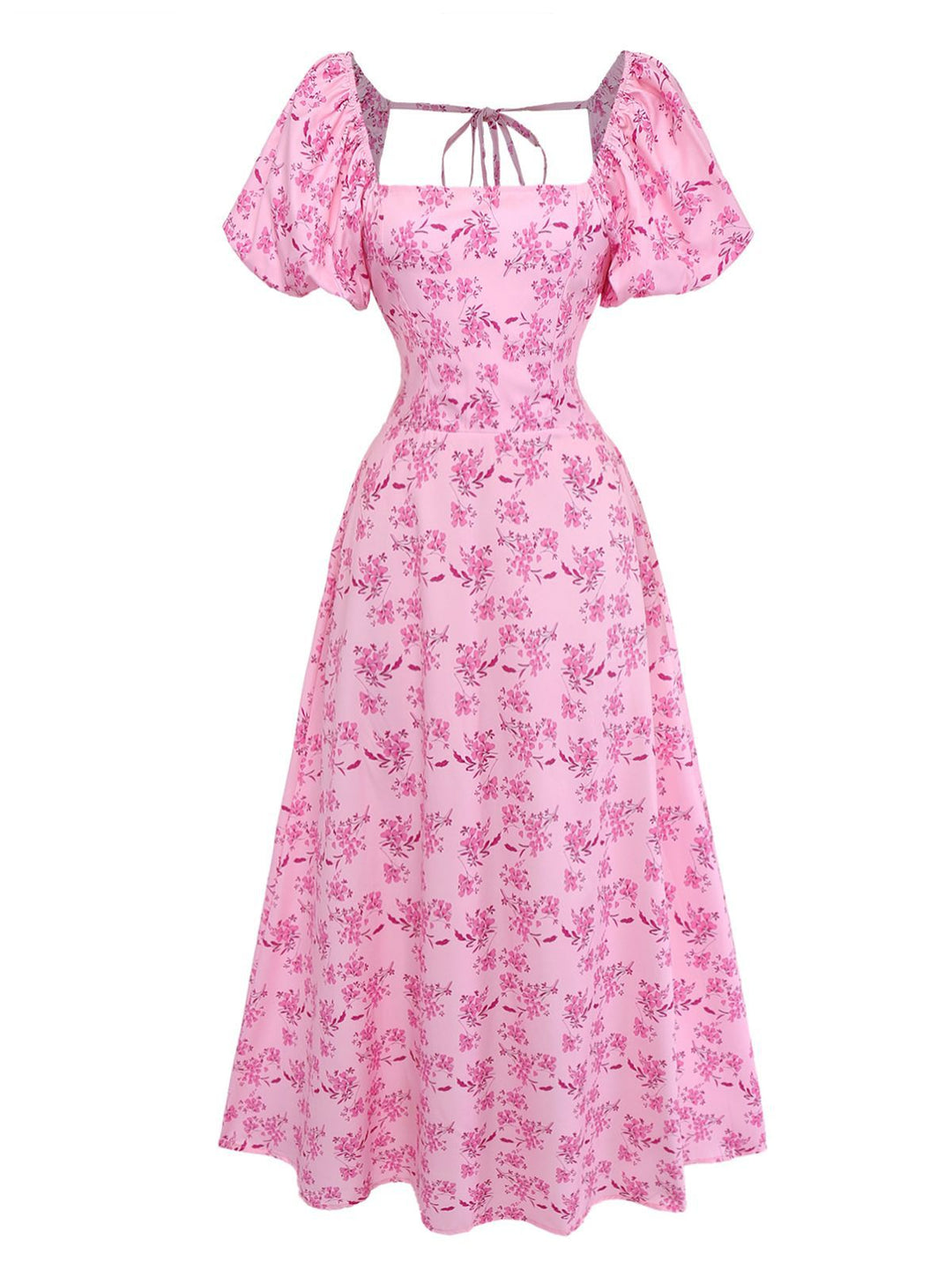 Pink 1940s Square Neck Puff Sleeve Floral Dress - vintage dress, retro fashion