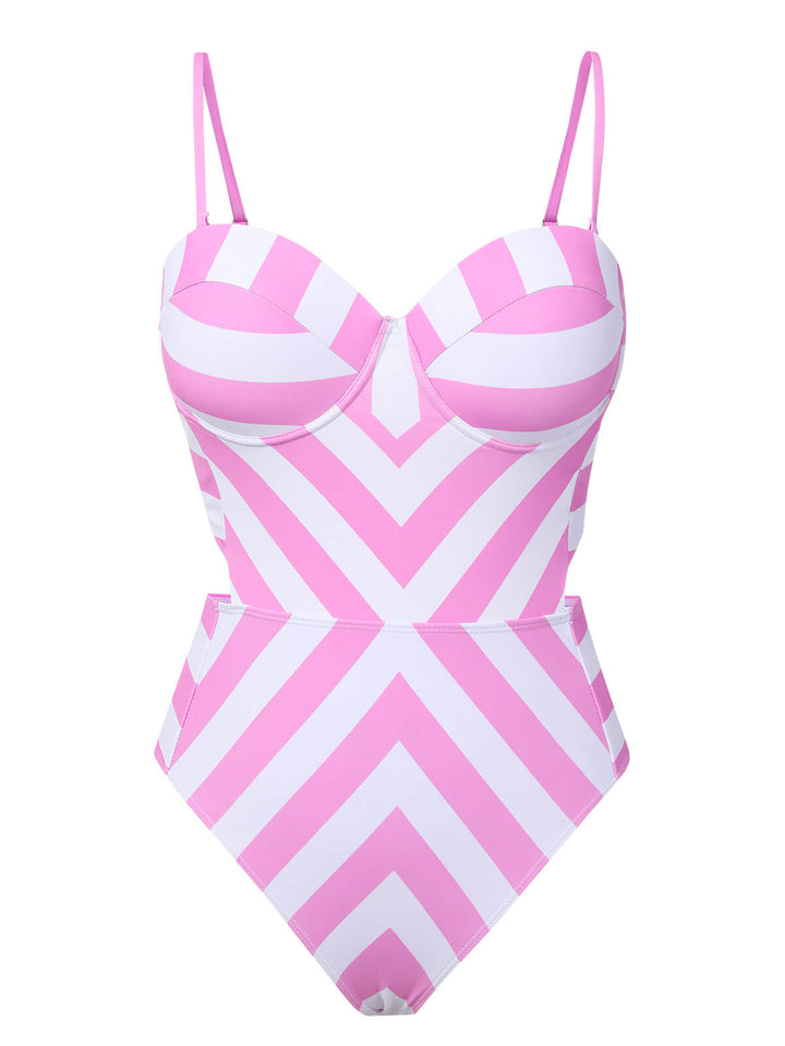 Pink 1940s Striped Bandeau One-Piece Swimsuit, vintage swimsuit, pin-up swimwear - perfect for women who love vintage and retro fashion