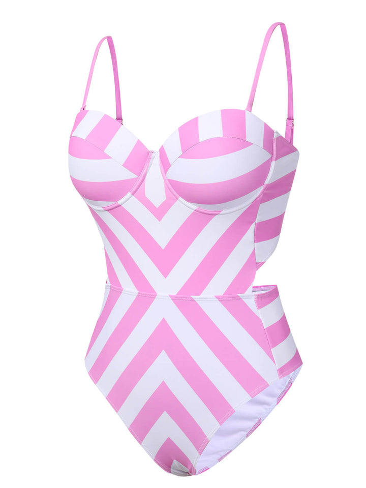 Pink 1940s Striped Bandeau One-Piece Swimsuit, vintage swimsuit, pin-up swimwear - perfect for women who love vintage and retro fashion