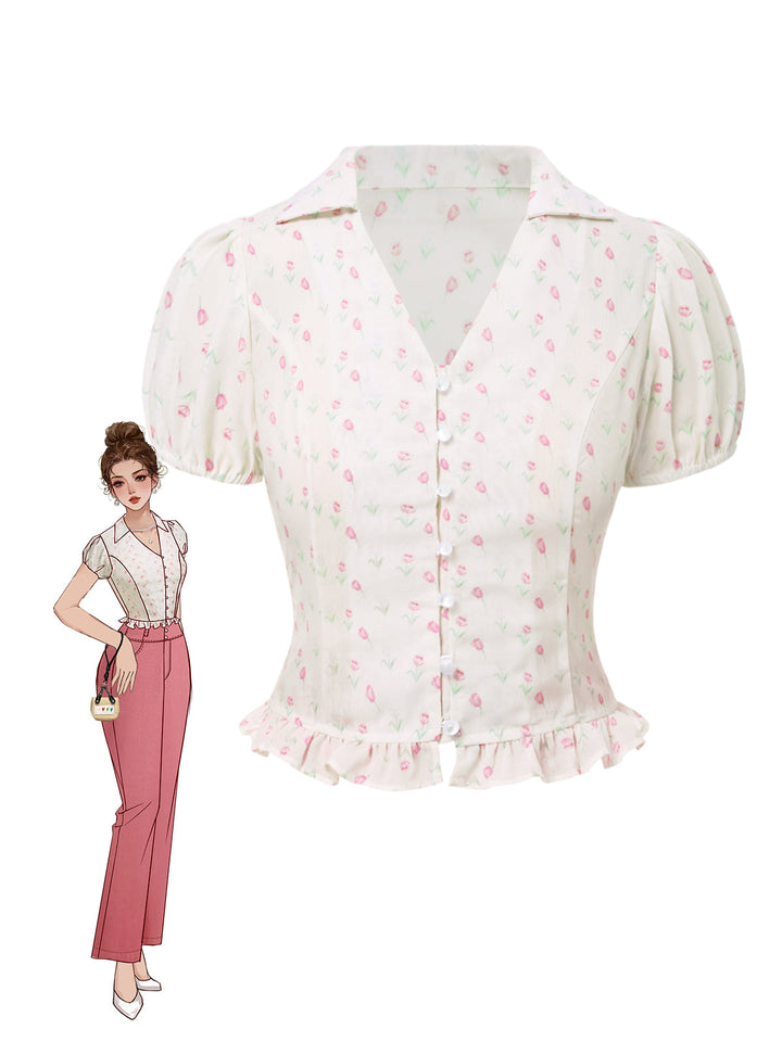 Pink 1940s Tulip V-Neck Lapel Ruffled Blouse - vintage fashion, retro style