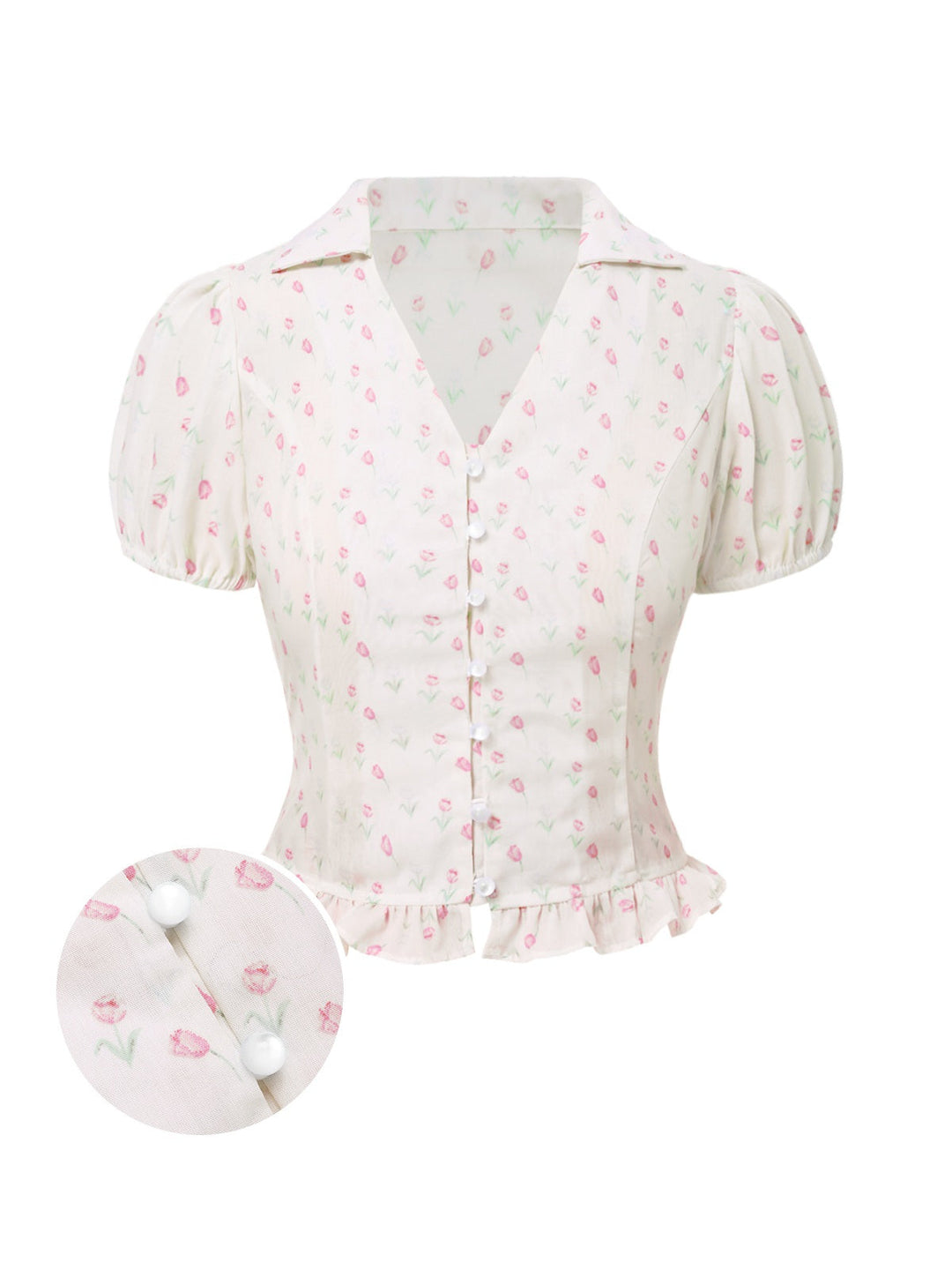 Pink 1940s Tulip V-Neck Lapel Ruffled Blouse - vintage fashion, retro style