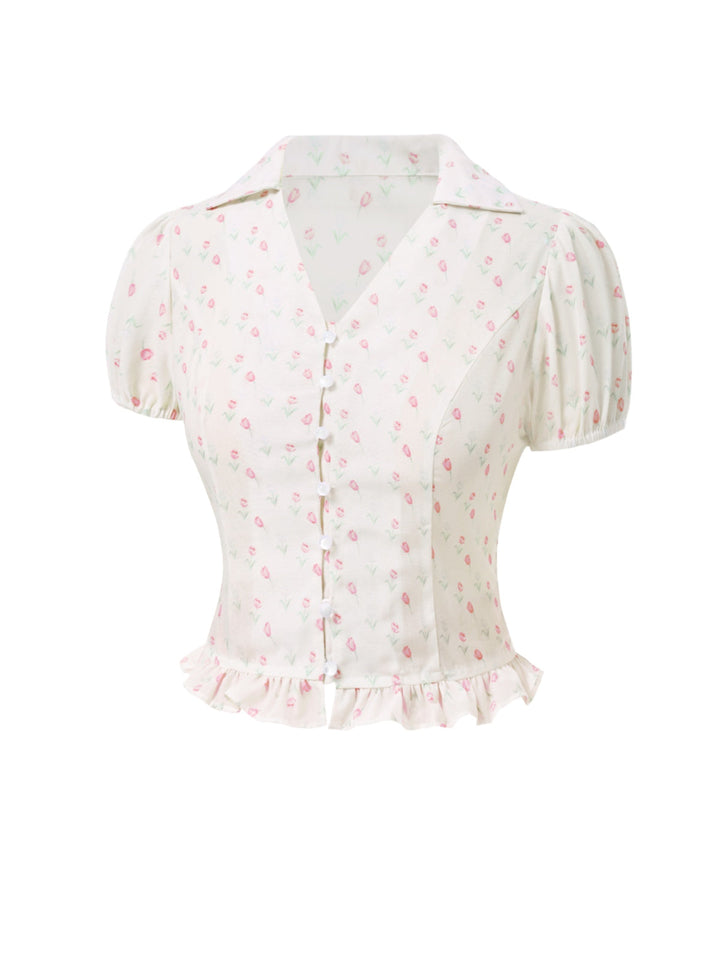 2PCS Pink 1950s Tulip Blouse &amp; Rose Button Pants - vintage top, retro blouse for vintage lovers
