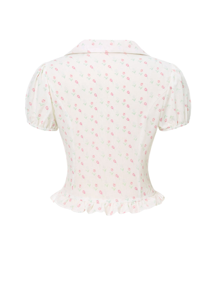 2PCS Pink 1950s Tulip Blouse &amp; Rose Button Pants - vintage top, retro blouse for vintage lovers