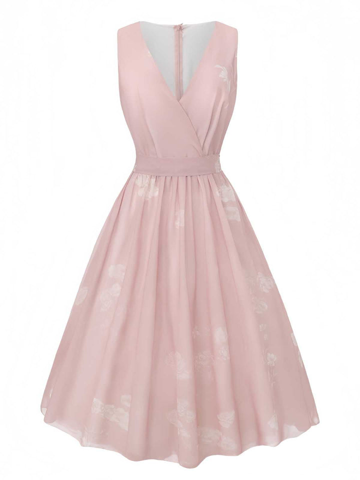 Pink 1940s V-Neck Floral Belted Sleeveless Dress: beautiful vintage dress, retro fashion, elegant style with timeless appeal