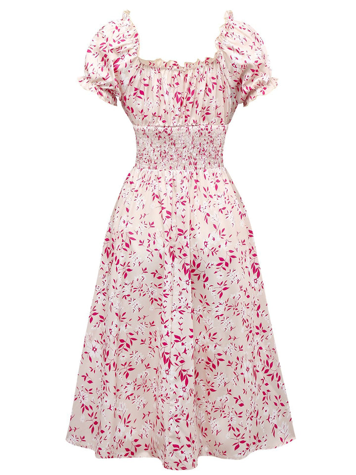 Pink 1940s V-Neck Floral Puff Sleeve Dress - vintage dress, retro fashion