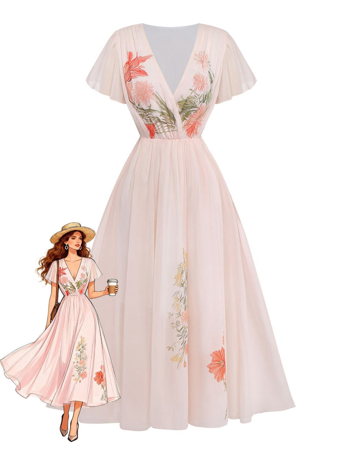 Pink 1940s V-Neck Ruffle Sleeve Floral Print Dress - vintage dress, retro fashion