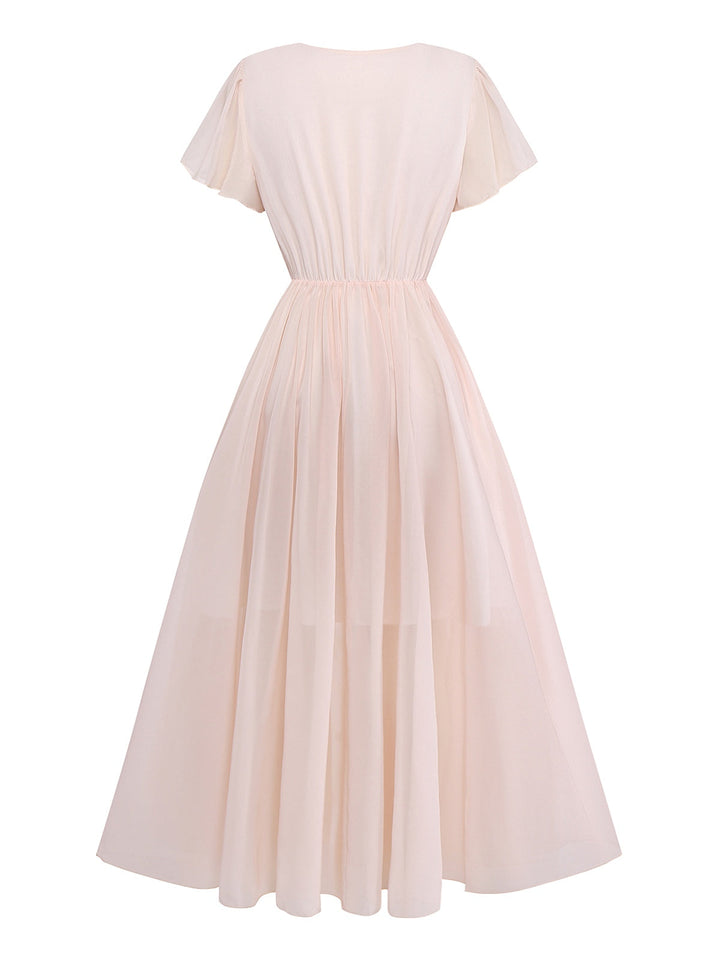 Pink 1940s V-Neck Ruffle Sleeve Floral Print Dress - vintage dress, retro fashion