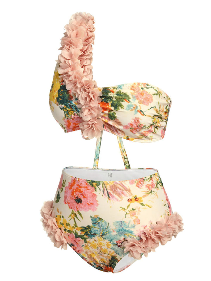 Pink 1950s 3D Lace Floral One-Shoulder Swimsuit, vintage swimsuit, pin-up swimwear - perfect for women who love vintage and retro fashion