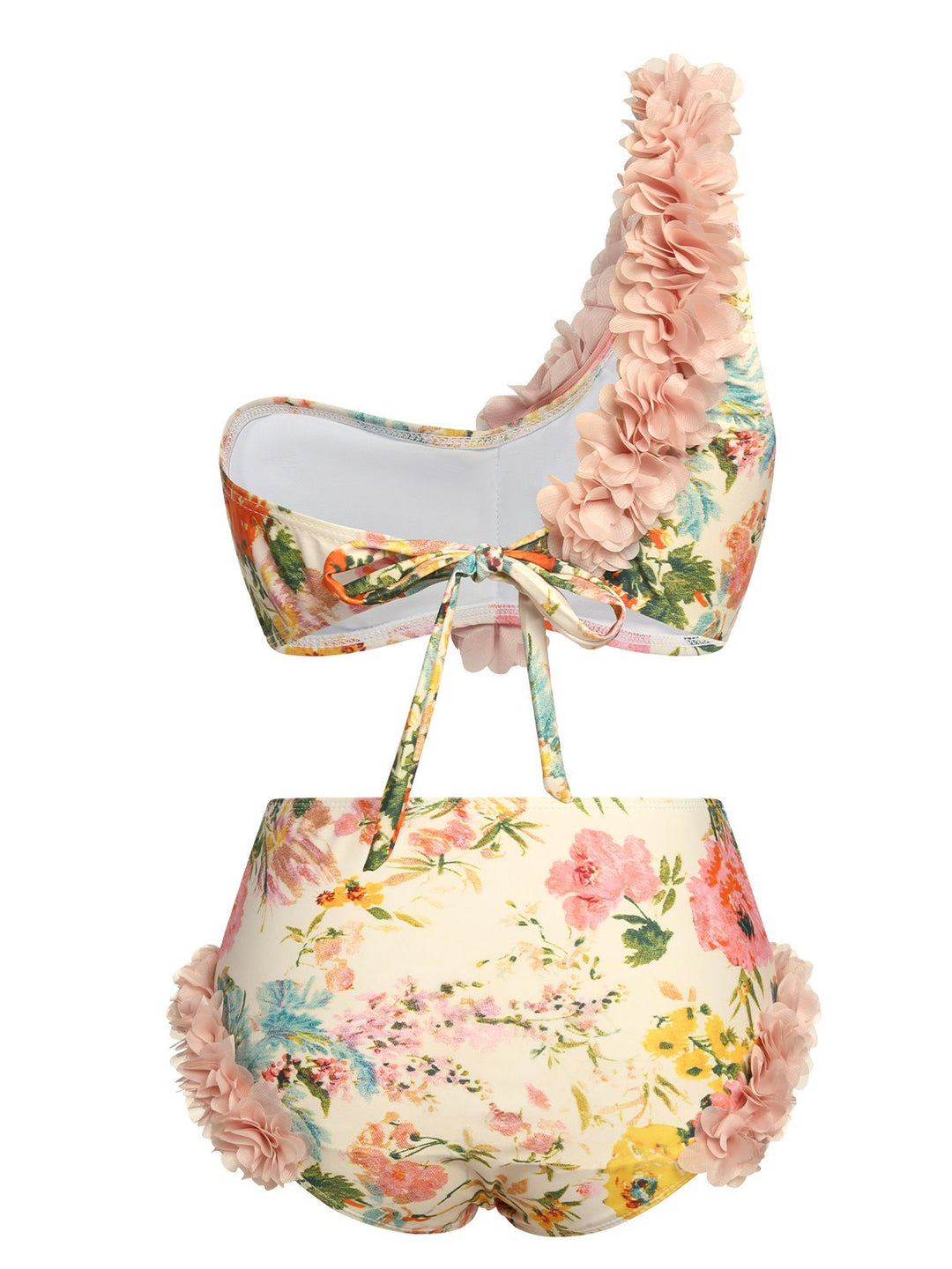 Pink 1950s 3D Lace Floral One-Shoulder Swimsuit, vintage swimsuit, pin-up swimwear - perfect for women who love vintage and retro fashion
