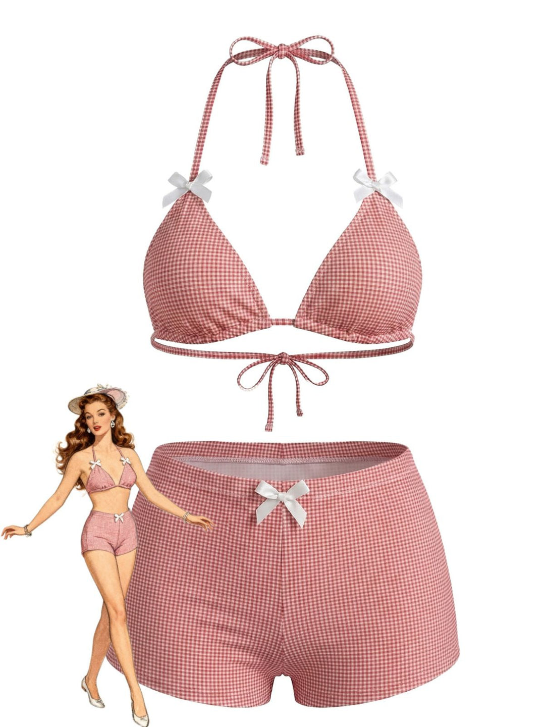 Pink Bow Colorblock Butterfly Bikini Set, vintage swimsuit, swimwear - perfect for women who love vintage and retro fashion