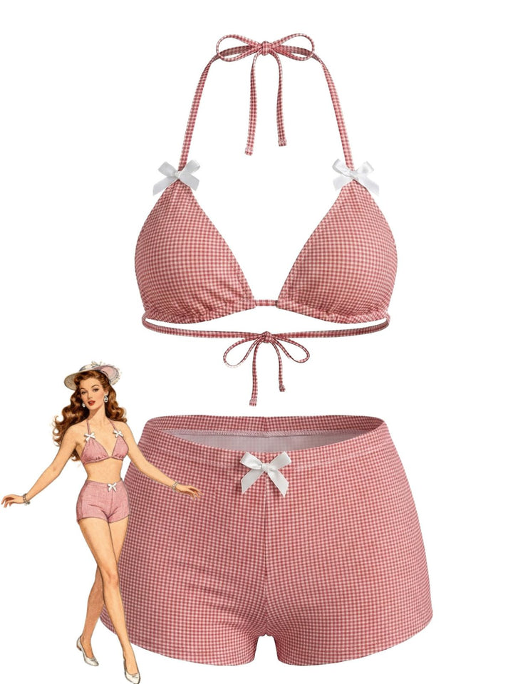 Pink Bow Colorblock Butterfly Bikini Set, vintage swimsuit, swimwear - perfect for women who love vintage and retro fashion