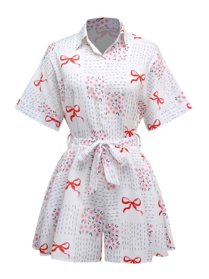 Pink 1950s Bow &amp; Floral Belted Lapel Romper - vintage jumpsuit, retro fashion