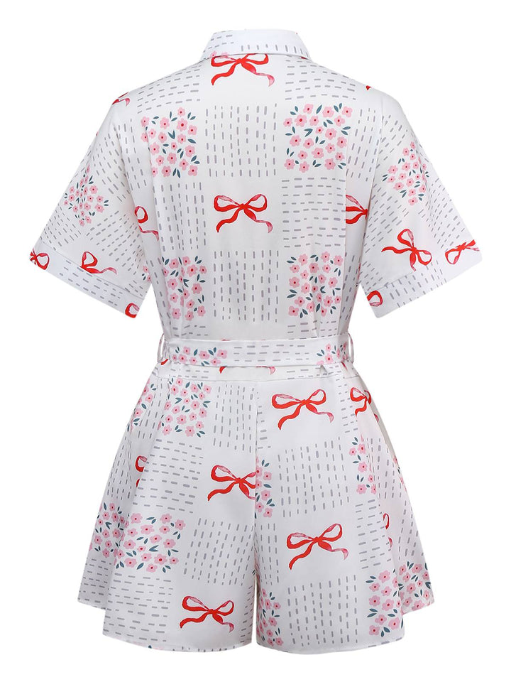 Pink 1950s Bow &amp; Floral Belted Lapel Romper - vintage jumpsuit, retro fashion