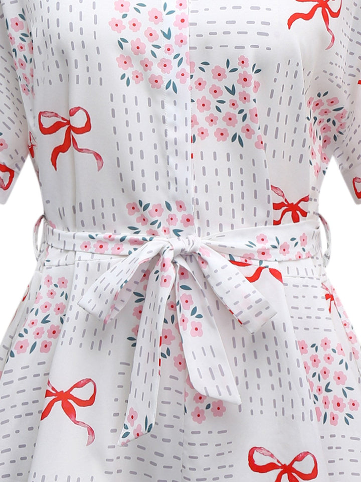 Pink 1950s Bow &amp; Floral Belted Lapel Romper - vintage jumpsuit, retro fashion