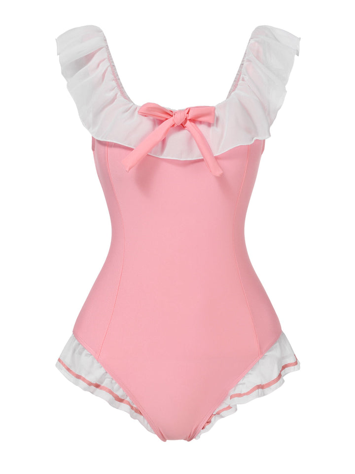 Pink Bowknot Lapel One-Piece Swimsuit: Riviera elegance, reimagined for her