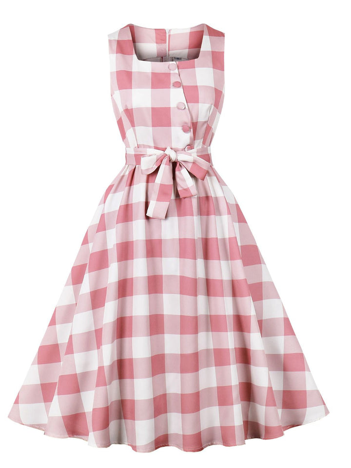Pink 1950s Button Bow Gingham Plaid Dress - vintage dress, retro fashion, rockabilly