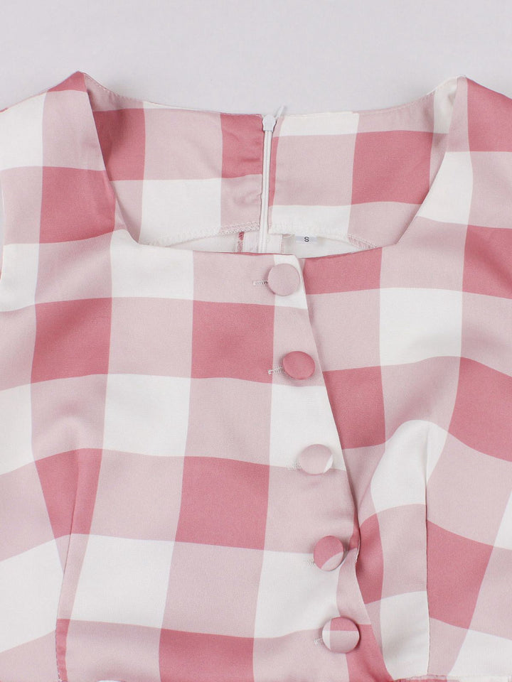 Pink 1950s Button Bow Gingham Plaid Dress - vintage dress, retro fashion, rockabilly
