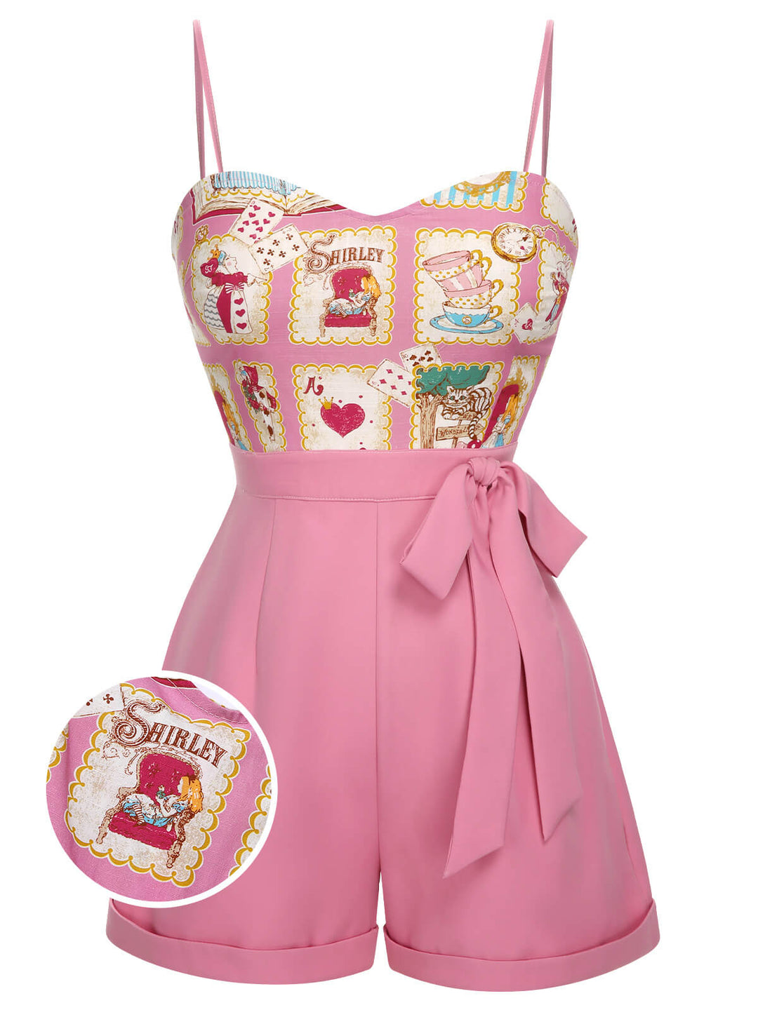 Pink 1950s Cartoon Pattern Spaghetti Strap Romper, vintage romper, retro jumpsuit - perfect for women who love vintage and retro fashion