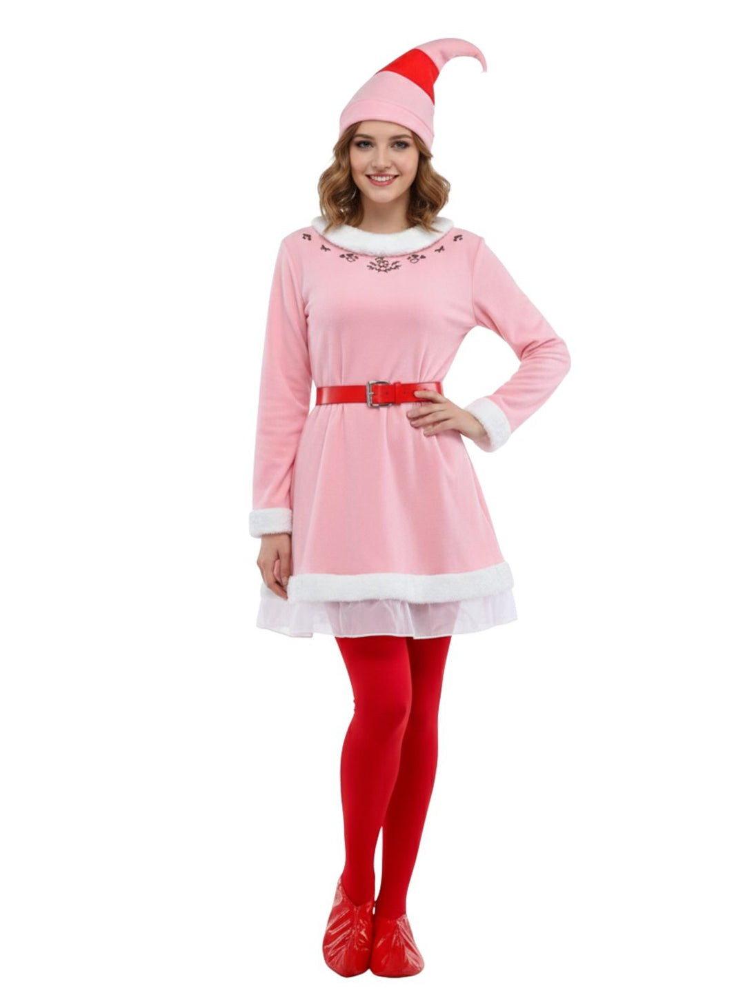 Pink 1950s Christmas Elf Plush-Edged Dress Set - vintage dress, retro fashion, rockabilly