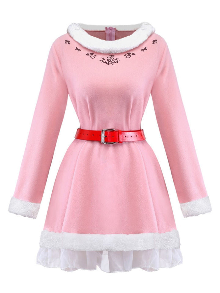 Pink 1950s Christmas Elf Plush-Edged Dress Set - vintage dress, retro fashion, rockabilly