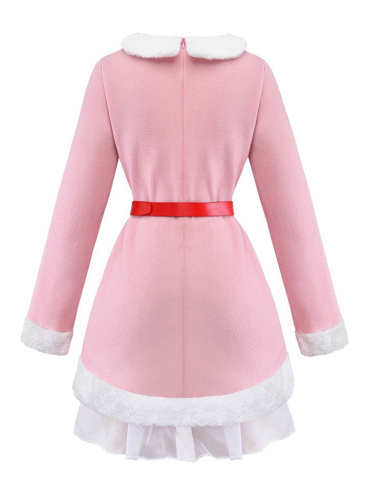 Pink 1950s Christmas Elf Plush-Edged Dress Set - vintage dress, retro fashion, rockabilly